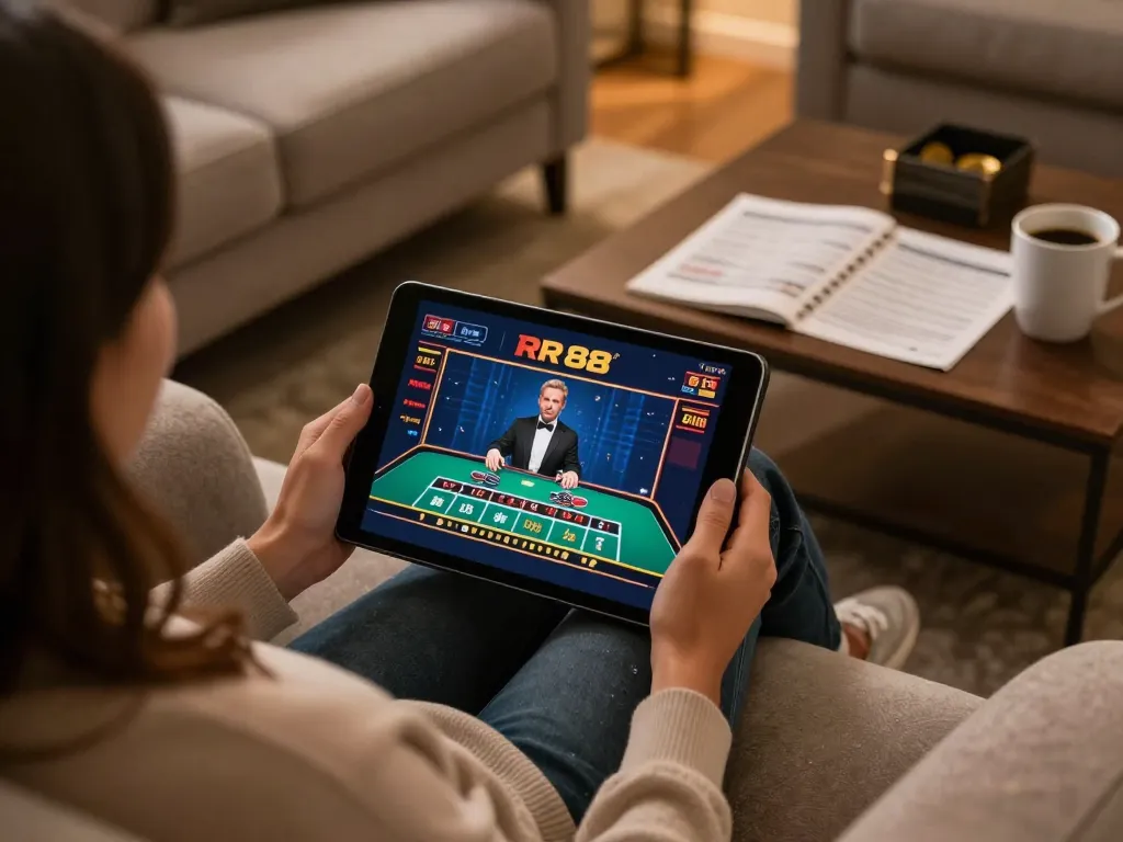 Engaging in RR 88 online gaming, enjoying a blackjack session from a cozy home couch.
