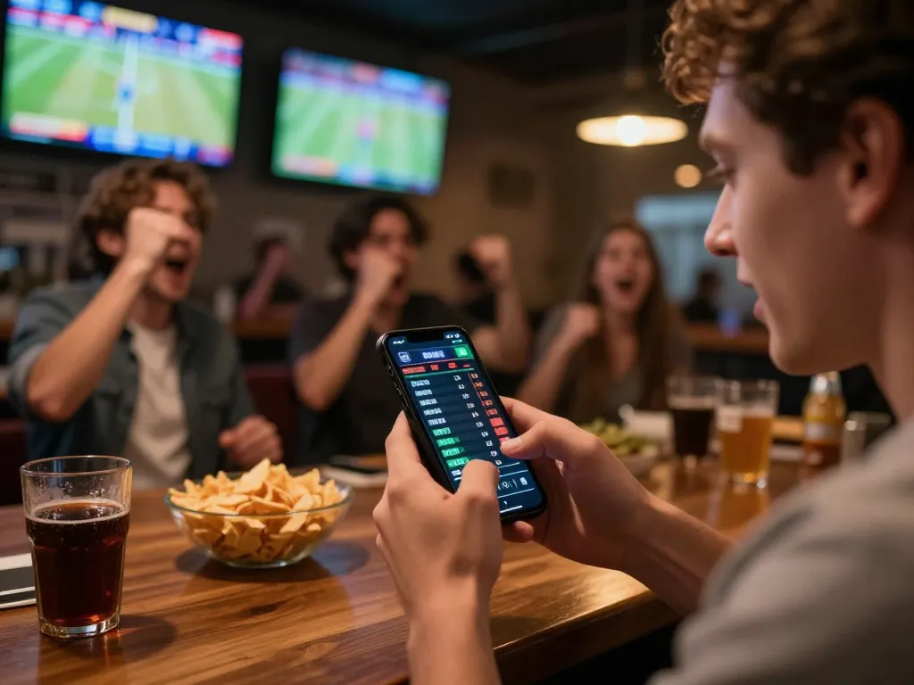 Exciting moment at https://m-100cuci.net/ showing a player actively betting on sports with friends in a vibrant sports bar atmosphere