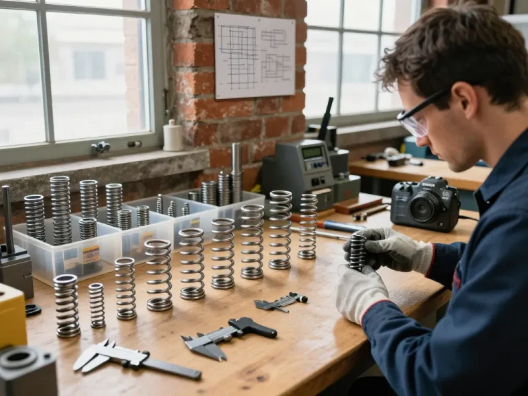 Tehnician examinând arcuri compresie de diferite dimensiuni și materiale într-un atelier industrial