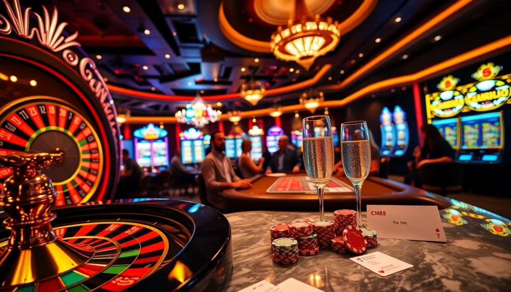 Betting excitement at a casino with CM88-themed poker chips and vibrant slot machines in action.
