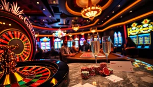 Betting excitement at a casino with CM88-themed poker chips and vibrant slot machines in action.