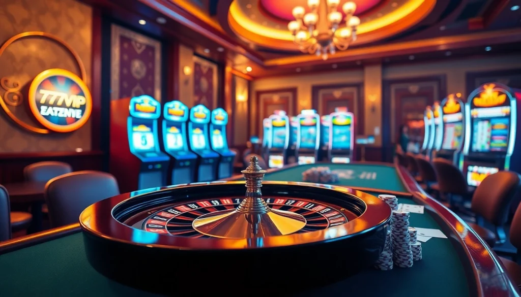Exciting 777VIP online casino gaming scene featuring roulette, poker, and slot machines.