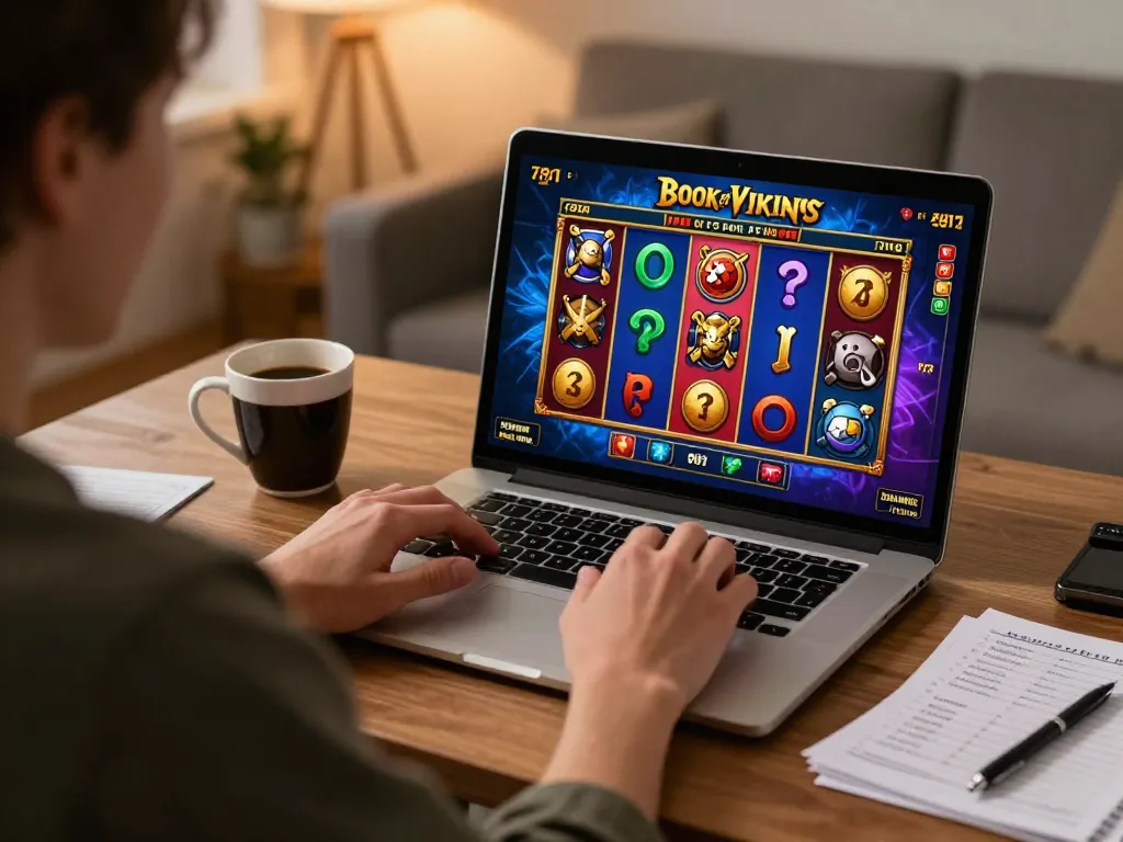 Engaged in Slot Online gameplay, a player studies strategies while enjoying Book of Vikings.