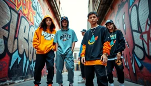 Streetwear clothing brands represented in a vibrant urban fashion scene with models showcasing trendy styles.