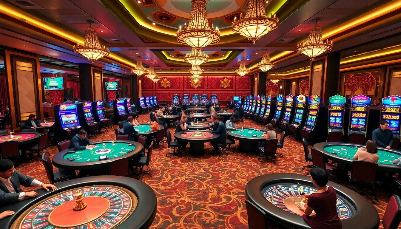 MM88 players enjoying a lively casino atmosphere with poker tables and slot machines.