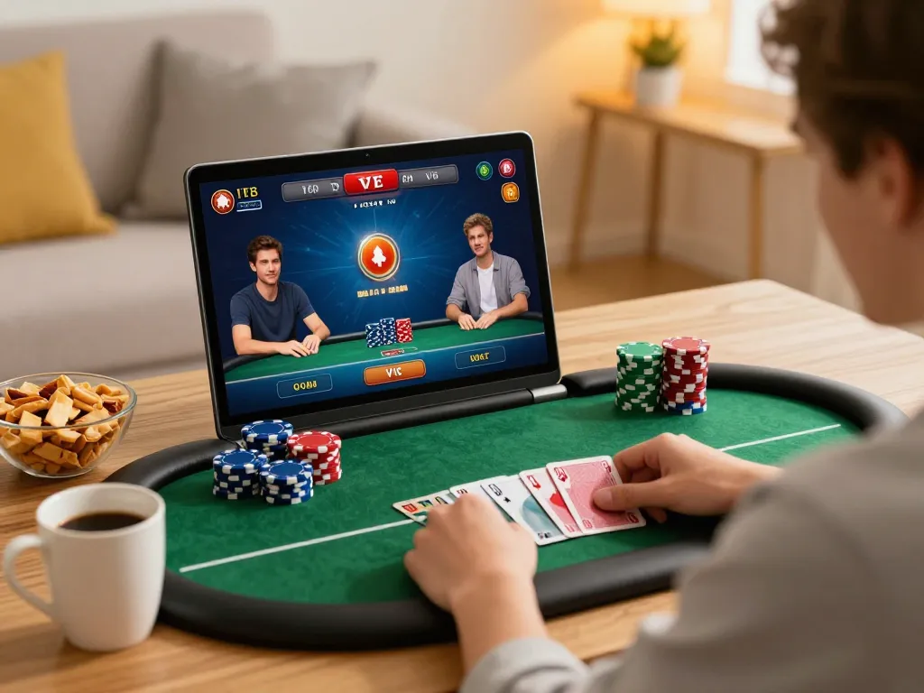 Engaging in Poker Online through a laptop at home, showcasing gameplay and relaxed atmosphere.
