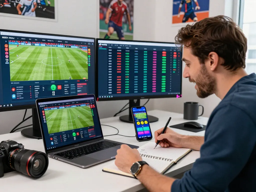 Engaged user analyzing 1gom betting odds on laptop and mobile in a vibrant workspace.
