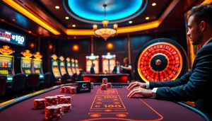 Excited players at C 168 casino table with poker chips and roulette wheel.