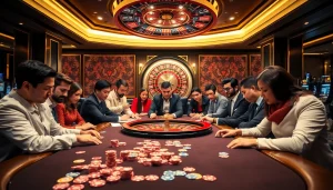 Experience the excitement of RR99 at a luxurious poker table in a vibrant casino setting.