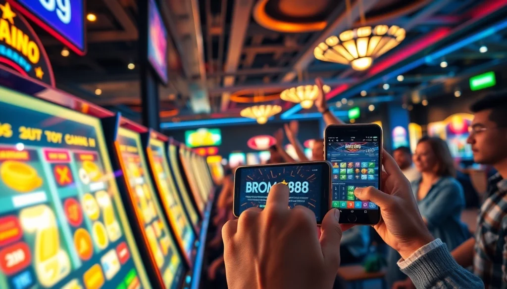 BROMO888 online gaming excitement with vibrant slot machines and happy players in a dynamic digital casino setting.