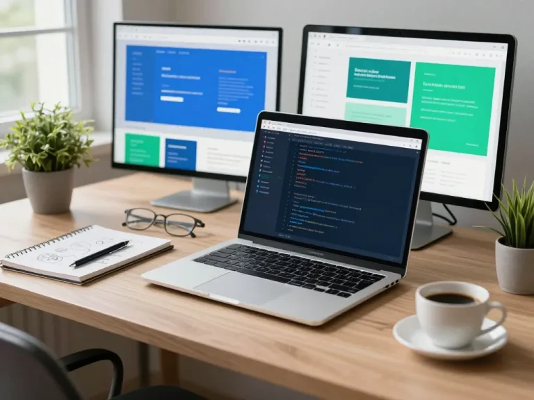 Website development workspace with a modern laptop, design mockups, and coffee, radiating innovation.