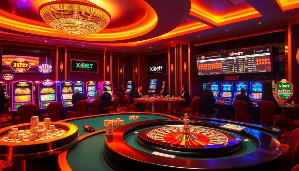 Players enjoying a thrilling game at xibet1.com in a luxurious casino setting.