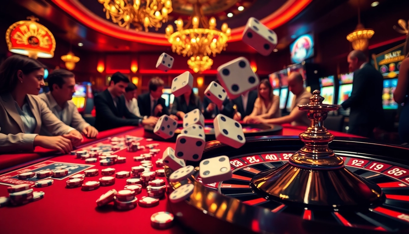 C168 casino action with vibrant poker tables and rolling dice creating an exciting atmosphere.