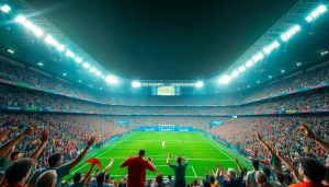 Exciting scene from https://socolive.gold/ capturing a live football match with fans in vibrant colors.