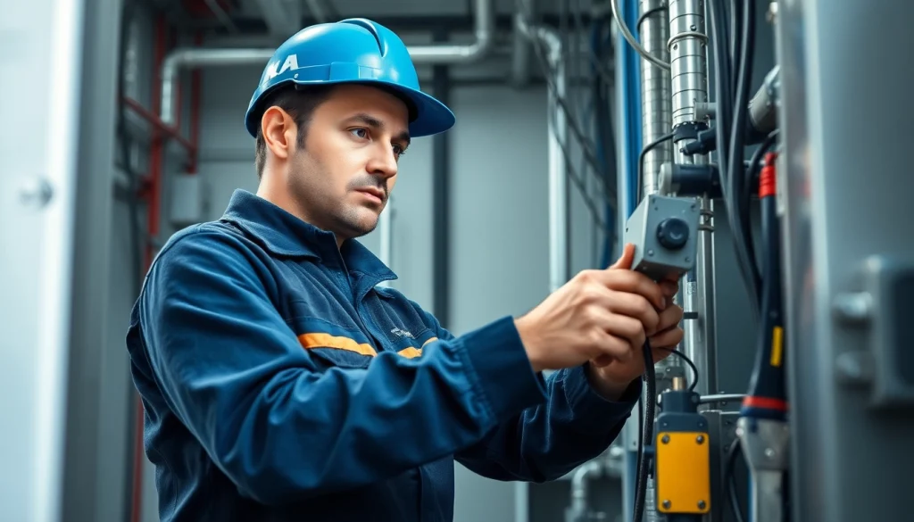 Electrician conducting electrical maintenance with precision in a modern workspace.
