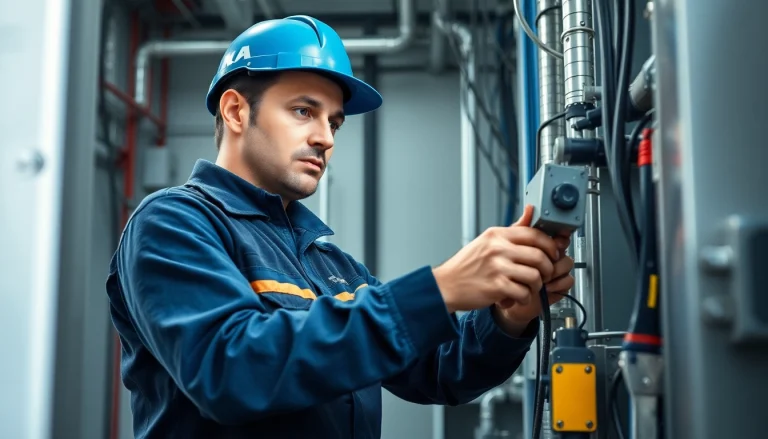 Electrician conducting electrical maintenance with precision in a modern workspace.