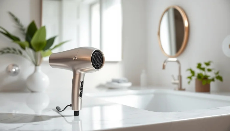 Frizzy hair dryer showcasing its sleek design and aesthetic in a modern bathroom setting.