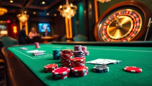 A dynamic casino scene featuring mm88 poker chips and cards at a vibrant gaming table.