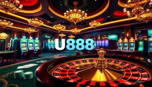 U888 casino scene with a vibrant roulette wheel and poker chips, capturing gambling excitement.