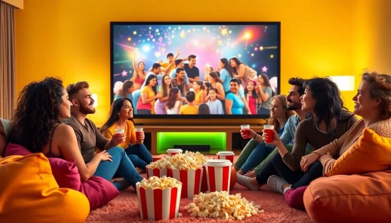 Friends joyfully watching ดูหนัง in a cozy, warmly lit living room setup.