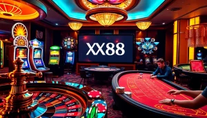 Exciting scene of gamblers at the XX88 casino, showcasing roulette and baccarat tables.