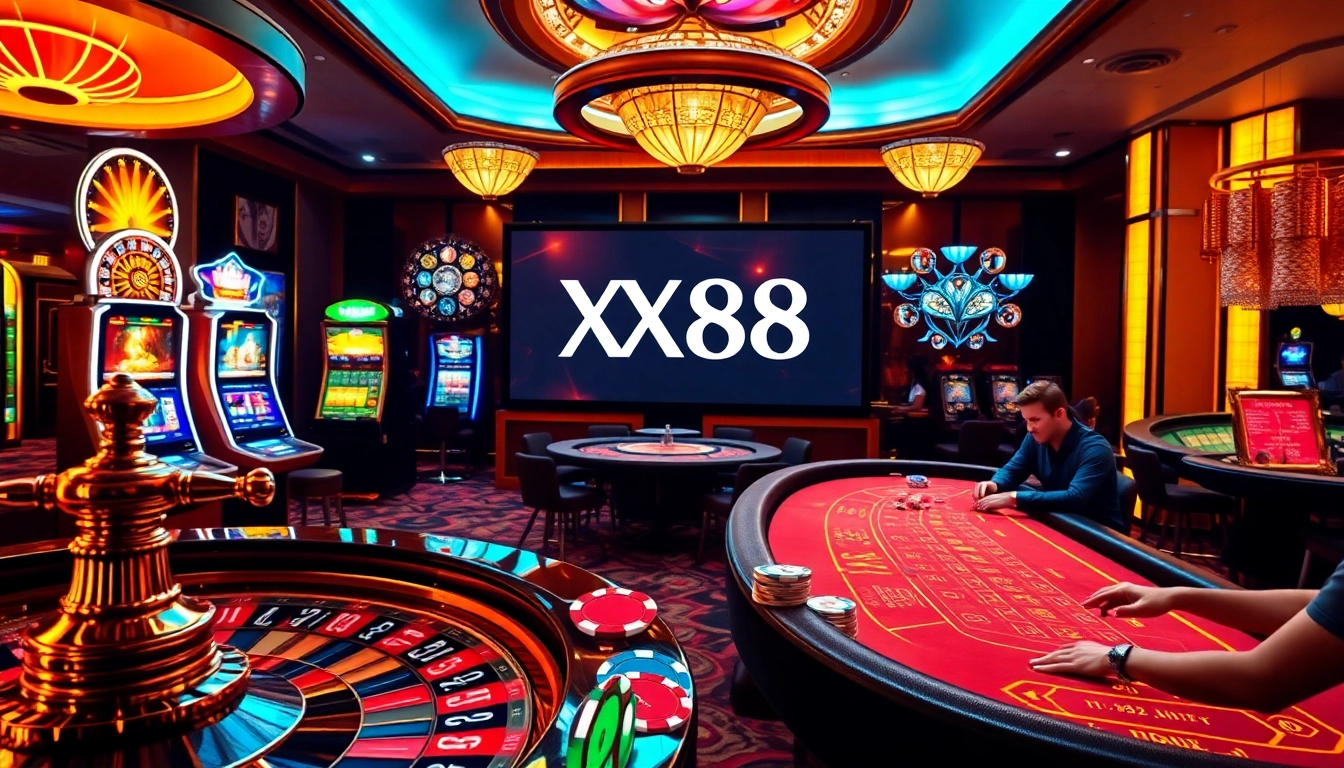 Exciting scene of gamblers at the XX88 casino, showcasing roulette and baccarat tables.