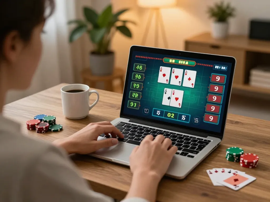 Engaging with MB66 online poker game on a laptop in a cozy home office setting