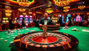 Experience thrilling wins on https://nekatwinofficial.com/ showcasing a vibrant casino environment with roulette and poker.