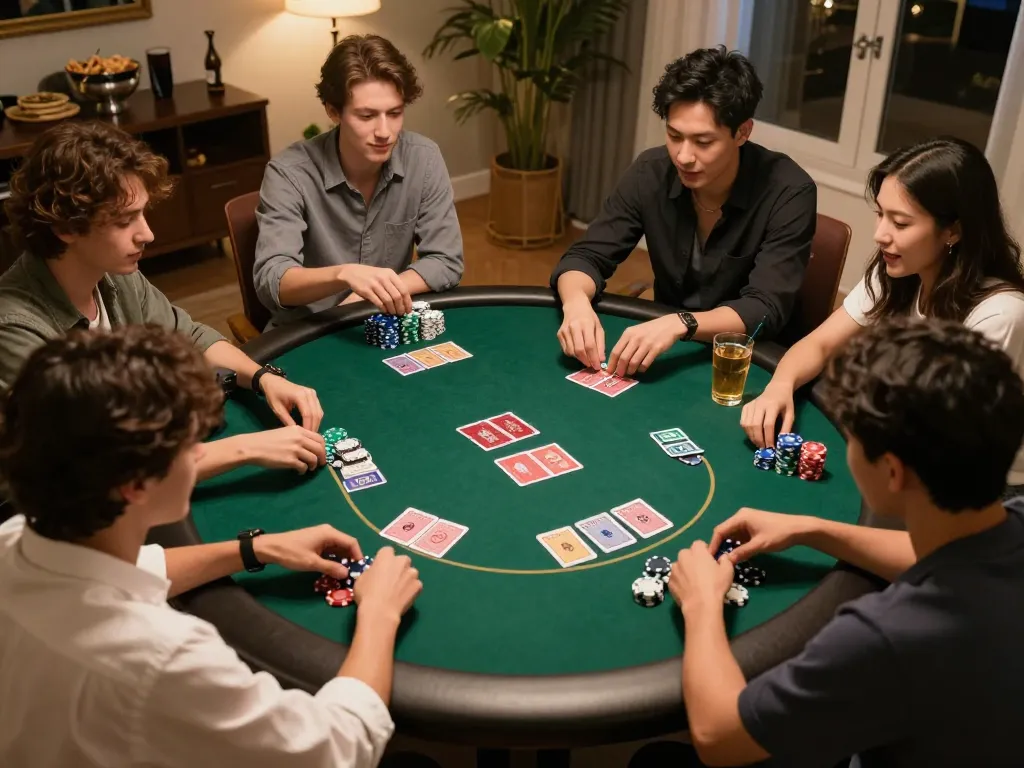 F168 players enjoying an exciting poker game at home, vibrant chips and cards in play, strategic atmosphere.