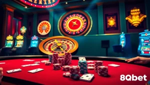 Experience the excitement of gambling at 8qbet with vibrant casino visuals showcasing poker and slot machines.