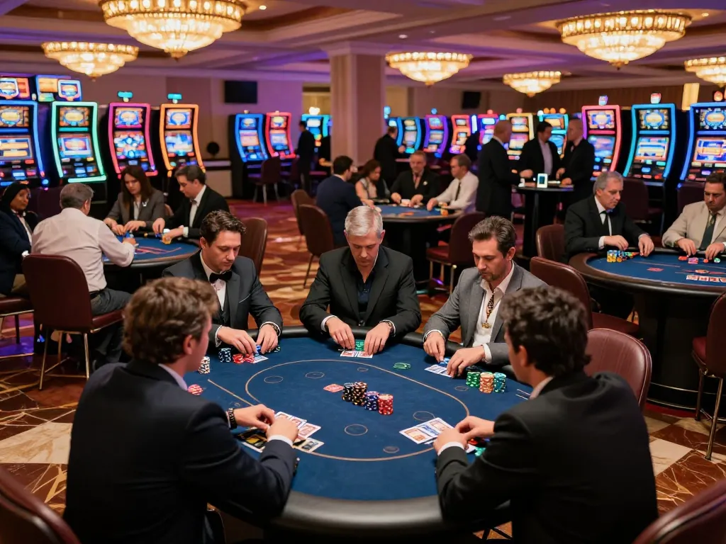 Players engaged in high-stakes poker at a casino showcasing DA88 strategy and excitement on glamorous casino floor.