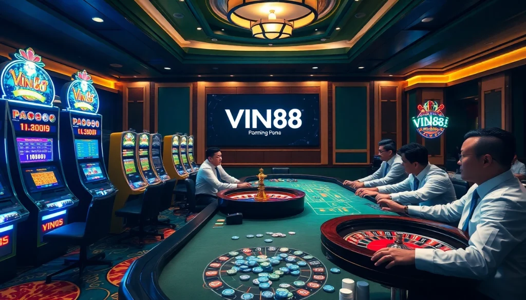 VIN88 offers an immersive casino experience with vibrant gaming tables and slot machines.