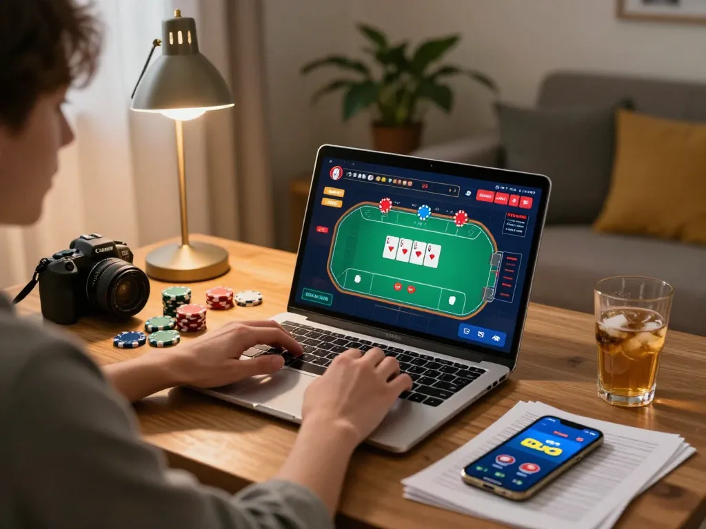 Engaging online gameplay on 8k8 platform with poker chips and strategy notes at home