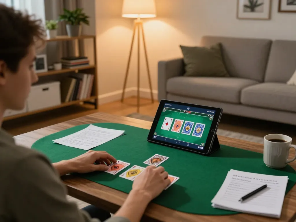 Engaging in an online poker game on a tablet at home, showcasing Sunwin gaming strategies.
