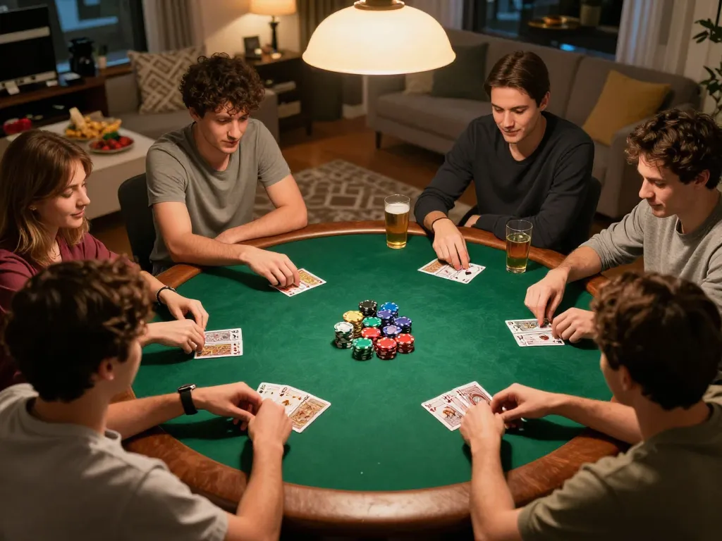 X333 friendly poker night with players strategizing over cards and colorful chips.