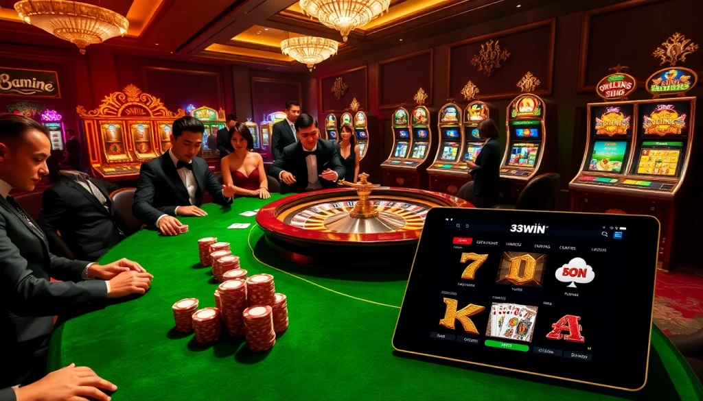 Excited players engaging at the poker table in a luxurious casino setting, showcasing nhà cái 33win offerings.