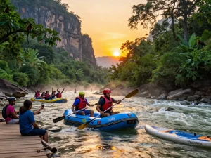 Dandeli resorts river rafting adventure with vibrant sunset and lush forest scenery