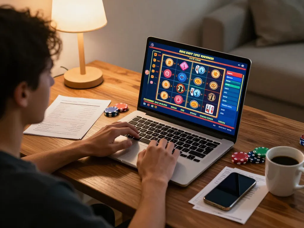 Engaging in LuckyWin slots game from a cozy home setup, showcasing online gambling excitement.