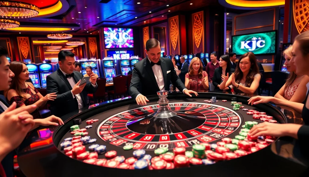 KJC casino scene with roulette table, excited players, and vibrant lighting