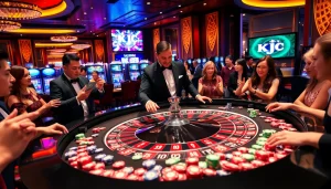 KJC casino scene with roulette table, excited players, and vibrant lighting