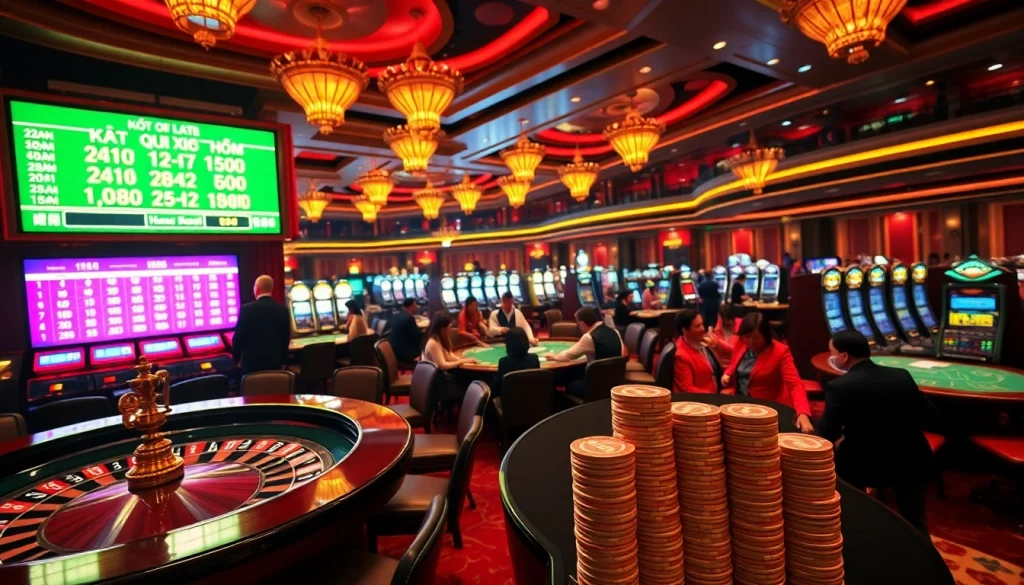 Exciting casino scene showcasing "Kết quả xổ số hôm nay" with players engaging in various games.