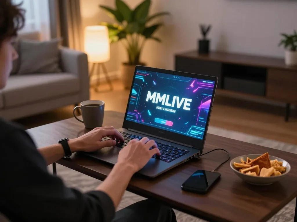 MMLIVE gaming experience at home showcasing user engaged in online gambling with snacks and drinks