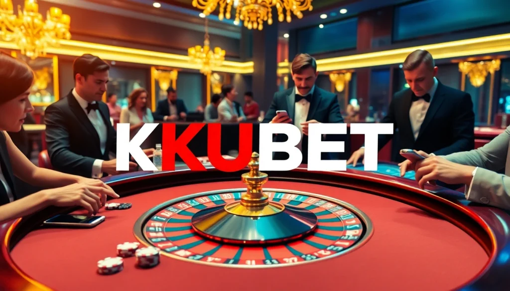 Kubet logo featured in a luxurious casino scene with players betting at a roulette table.
