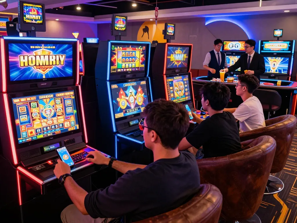 Exciting online gaming atmosphere at https://bomwin.jp.net/ with engaged players and vibrant decor.