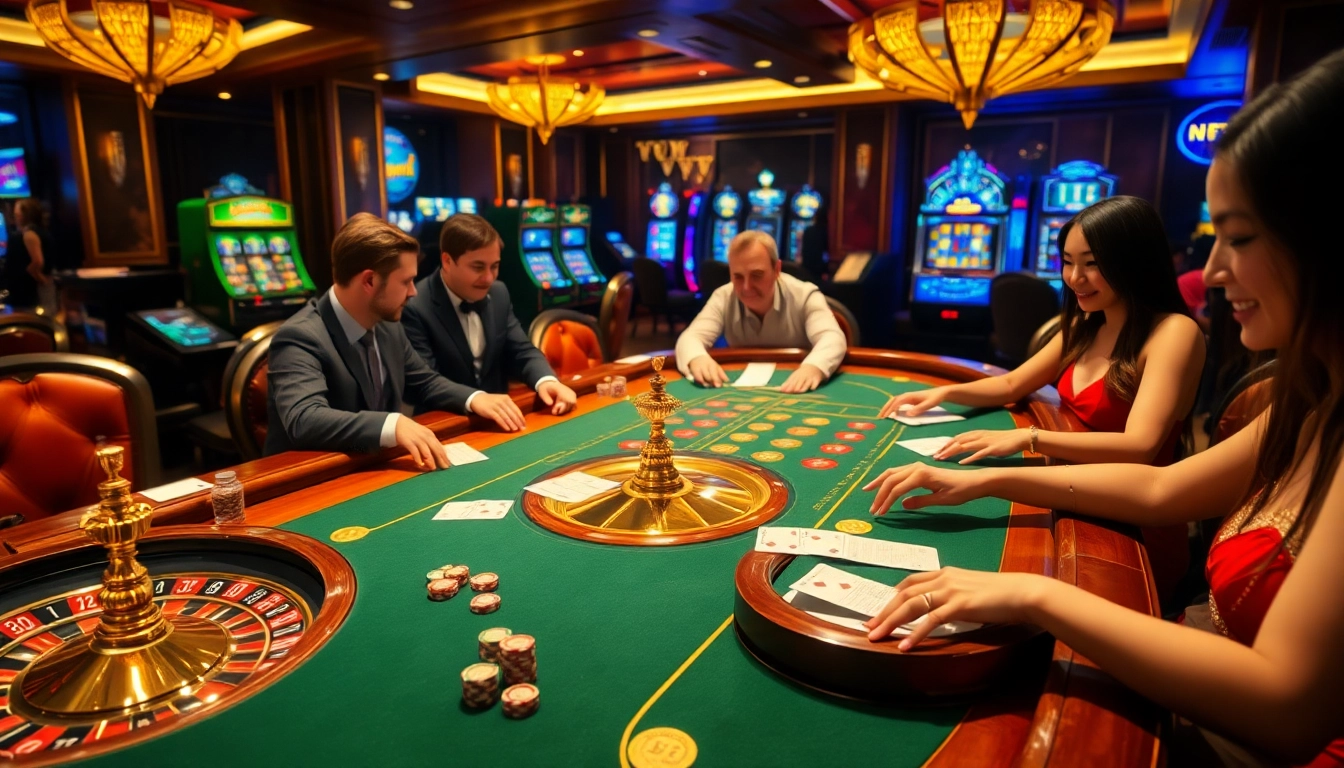 Players enjoying sunwin gaming tables at a luxurious casino, showcasing excitement and strategy.