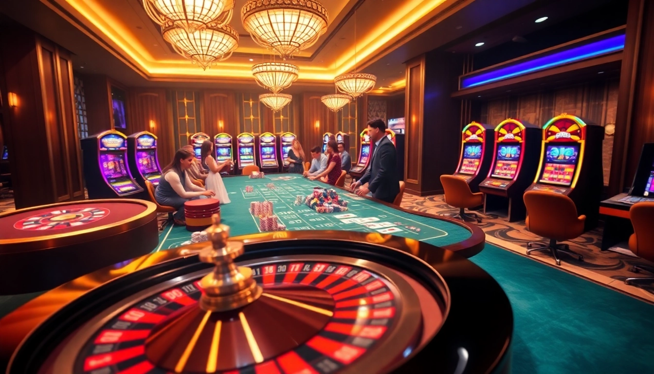 A dynamic casino scene showcasing the thrill of gambling at https://bem88.com with stylish poker tables and spinning roulette wheels.