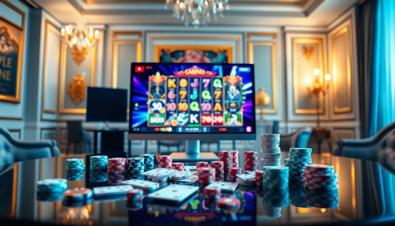 Plongez dans le monde passionnant du casino en ligne avec une scène de jeu luxueuse mettant en avant des jeux, des jetons et des cartes.