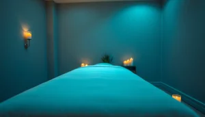 이완을 위한 마사지 테이블, 촛불 및 편안한 색상을 갖춘 고요한 분위기의 마사지 룸
