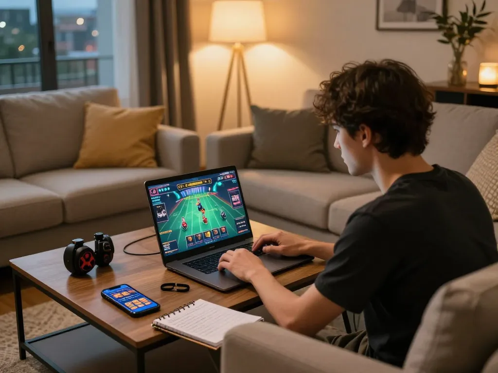 Player enjoying SC88COM online gaming on a laptop in a cozy home environment.
