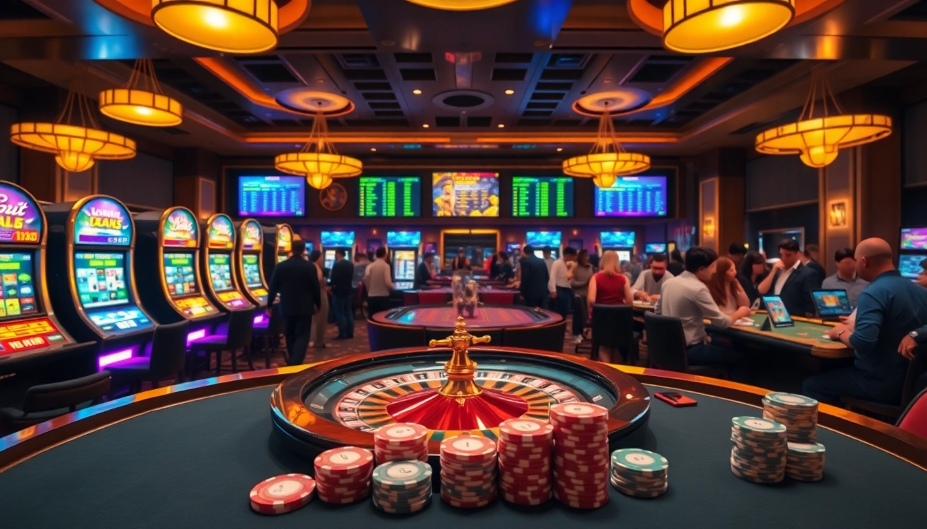 Experience the thrill of 11BET with an immersive online casino featuring vibrant slot machines, poker tables, and roulette wheels.